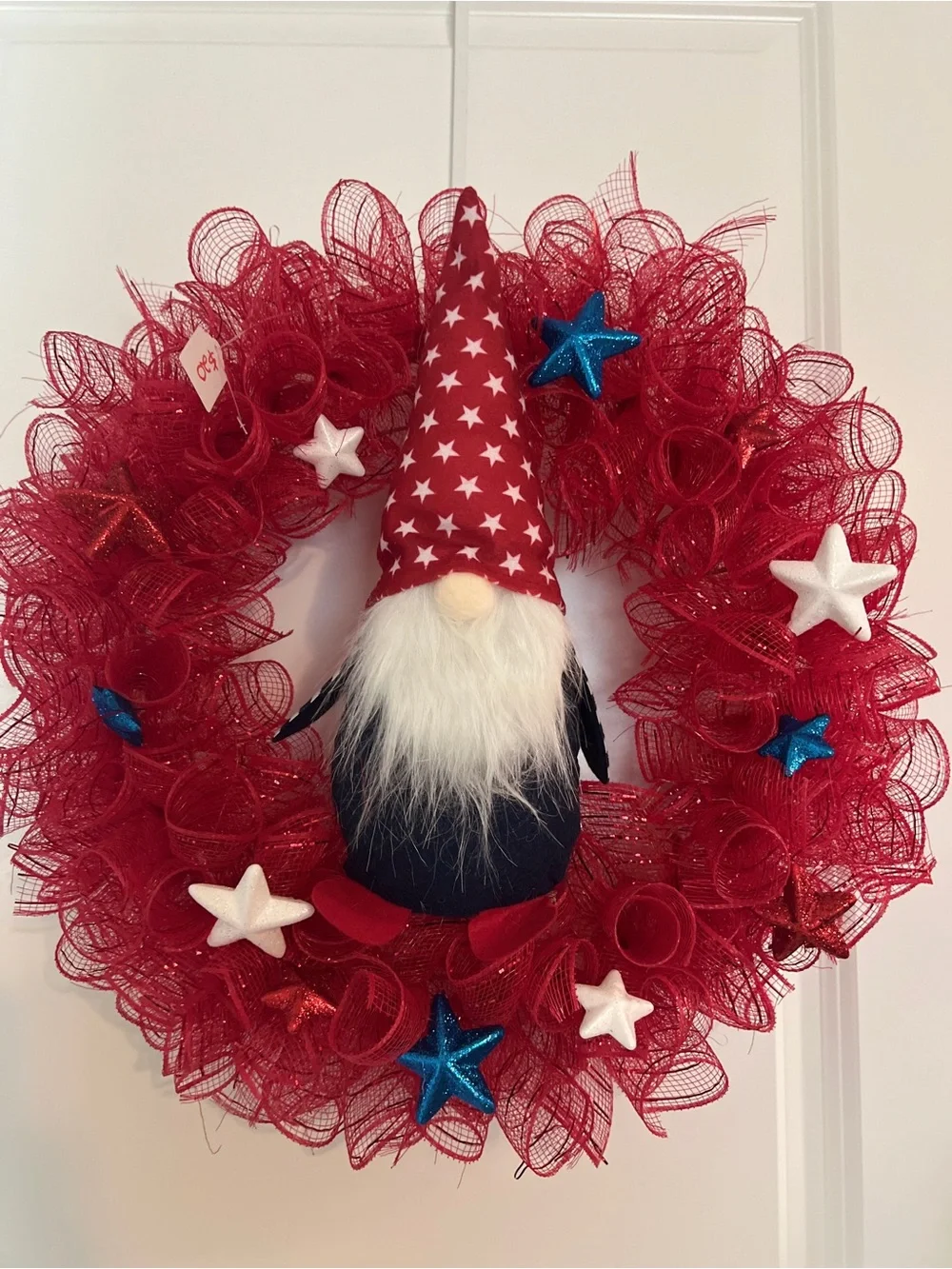 Patriotic Red Gnome Holiday Wreath - Home Holiday Decor Red White Blue